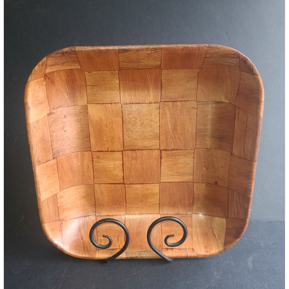 Vintage 60's-70's Woven Wood  11.5" Square Serving Bowl Checkered Pattern MCM
